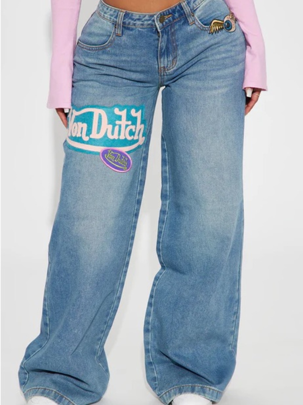 Von Dutch Light Blue Wide-Leg Jeans with Logo Patch